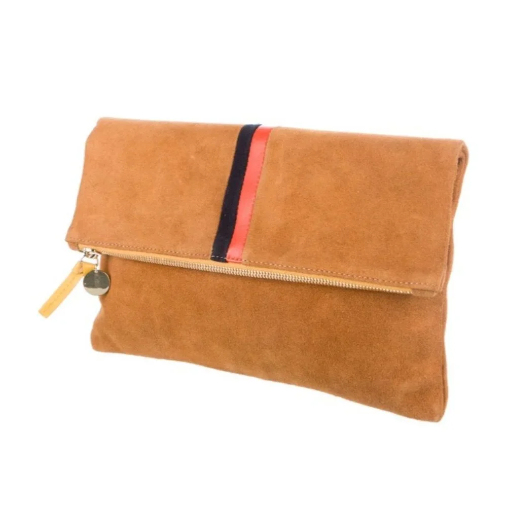 Clare V Camel Stripe Suede Leather Foldover Clutch Purse - Picture 8 of 13